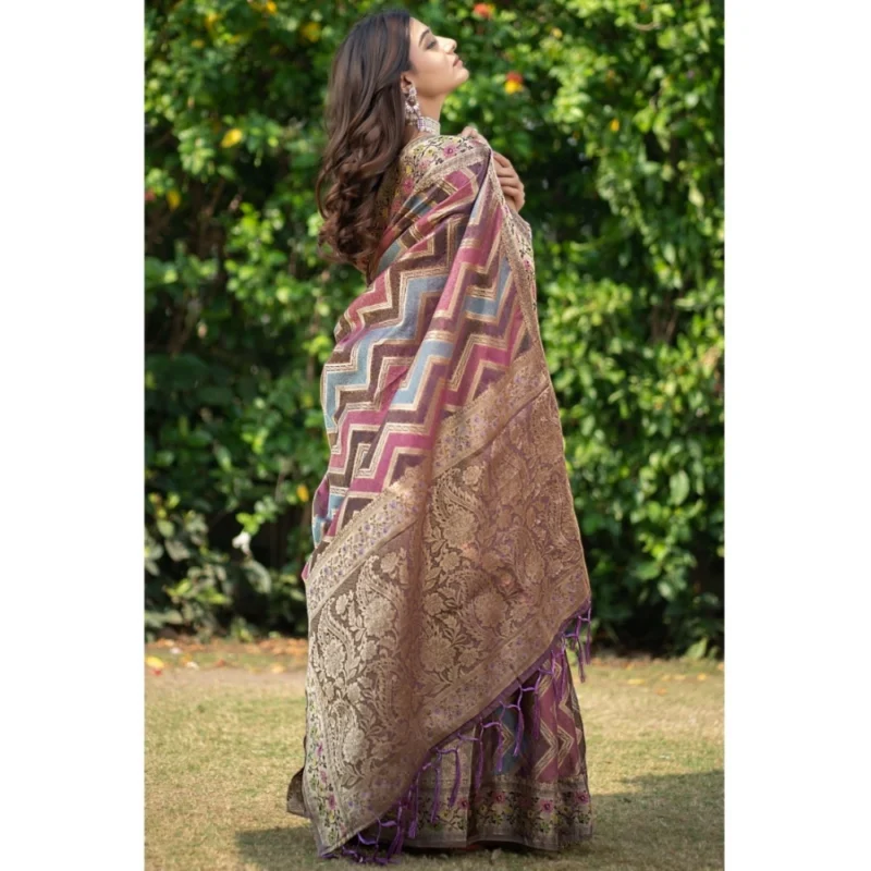 Generic Women's Organza Printed Saree With Unstitched Blouse (Wine, 5-6 Mtrs) - Image 2