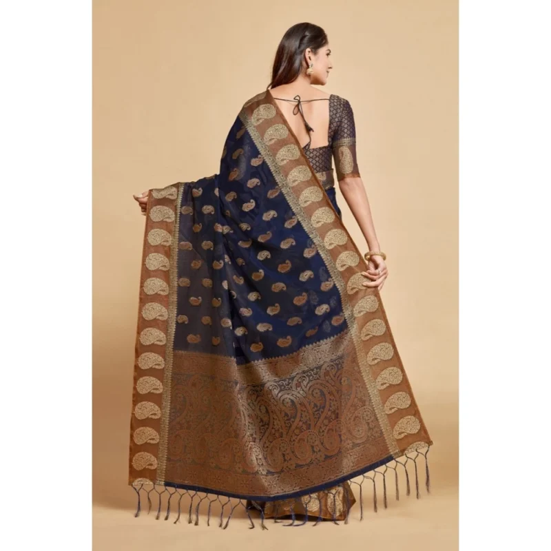 Generic Women's Chanderi Cotton Printed Saree With Unstitched Blouse (Navy Blue, 5-6 Mtrs) - Image 4