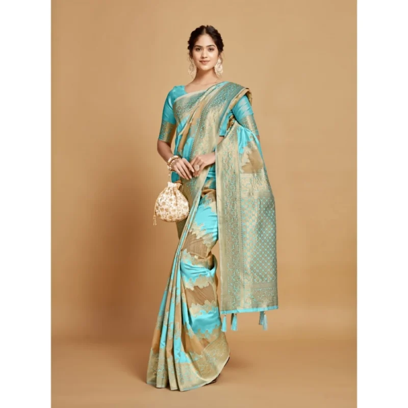 Generic Women's Linen Printed Saree With Unstitched Blouse (Sky Blue, 5-6 Mtrs) - Image 4