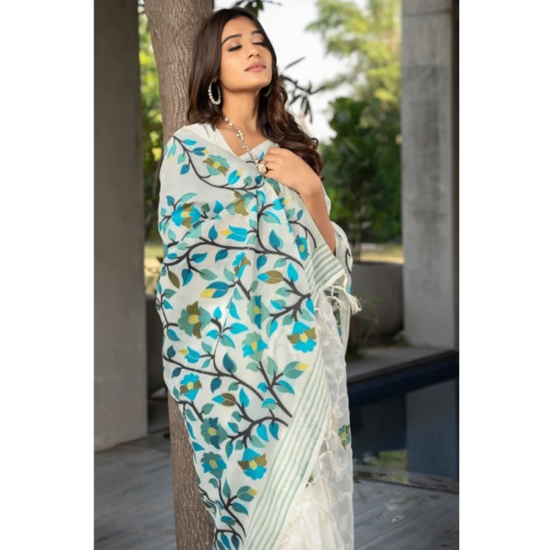 Generic Women's Cotton Printed Saree With Unstitched Blouse (White, 5-6 Mtrs) - Image 3