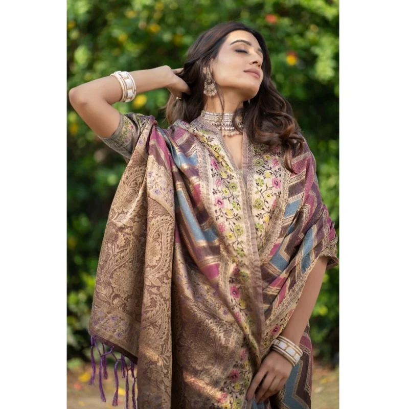 Generic Women's Organza Printed Saree With Unstitched Blouse (Wine, 5-6 Mtrs) - Image 4