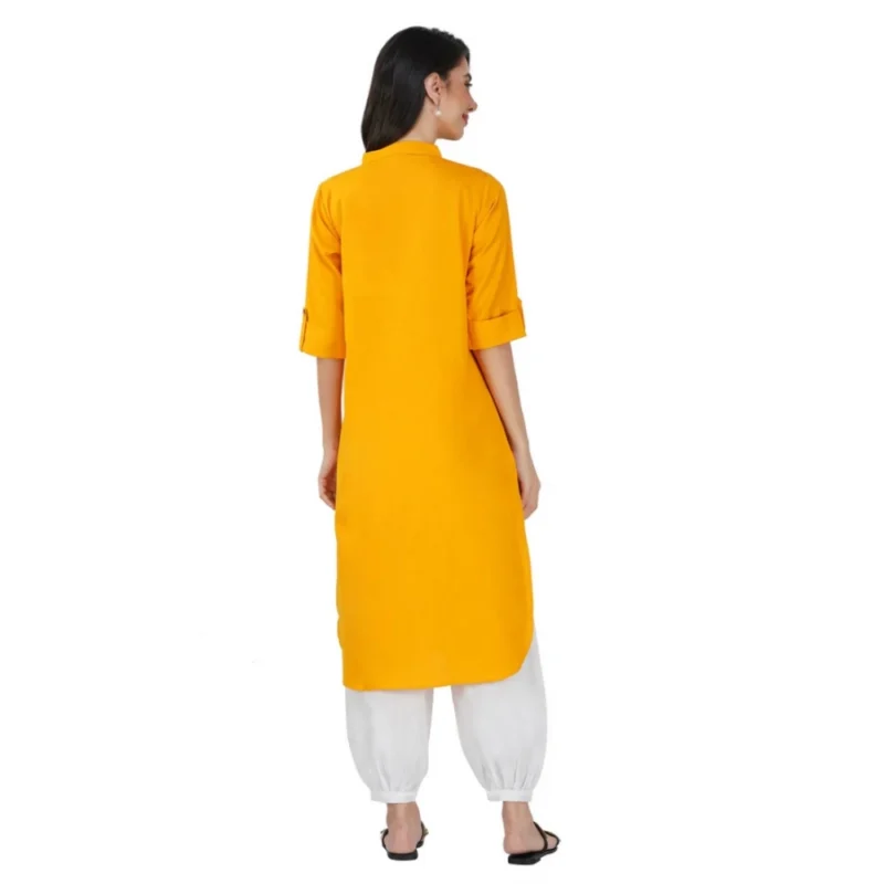 Generic Women's Casual Cotton Solid 3-4 Sleeve Kurti (Yellow) - Image 3