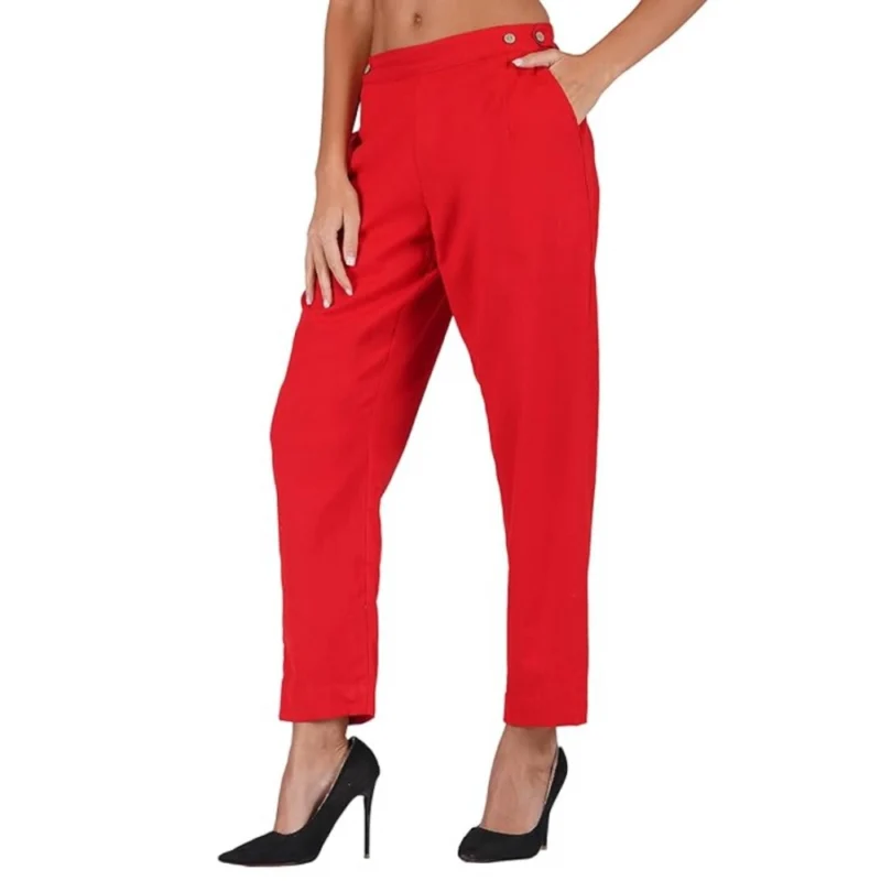 Generic Women's Casual Cotton Flax Solid Adjustable Waist Trouser Pants (Red) - Image 3