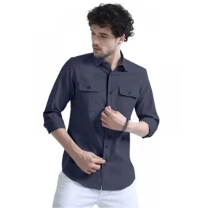 Generic Men's Casual Short Sleeve Striped Cotton Blended Shirt (Dark Grey)
