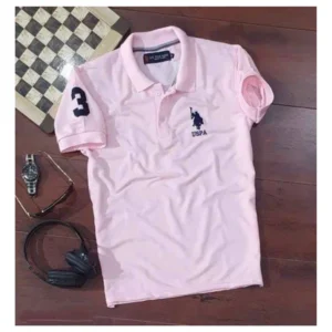 Generic Men's Casual Half sleeve Solid Cotton Polo Neck T-shirt (Pink)