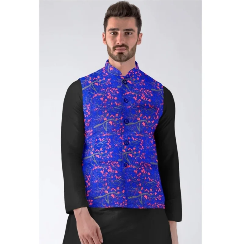 Generic Men's Jacquard Printed Full Sleeve Waistcoat (Blue) - Image 2