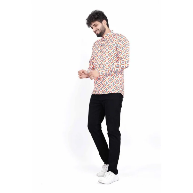 Generic Men's Cotton Blended Printed Full Sleeve Shortkurta (Multicolor) - Image 4