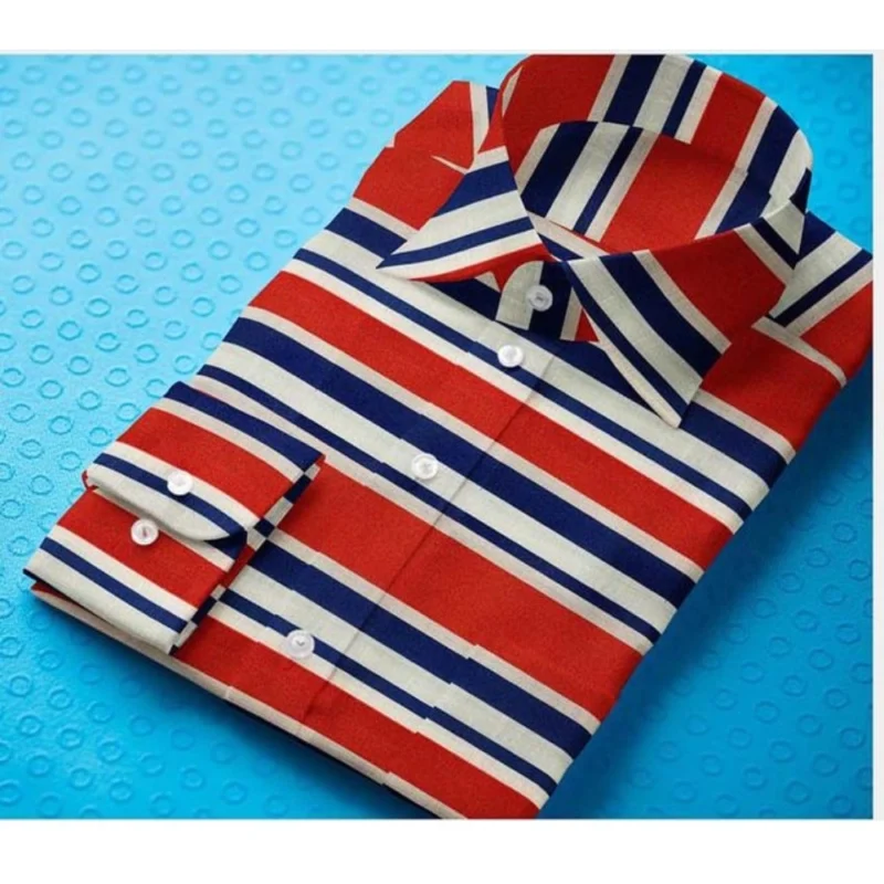 Generic Men's Cotton Blended Striped Full Sleeve Shirt (Red-Blue) - Image 3