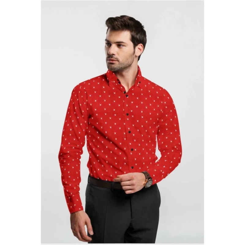 Generic Men's Cotton Blended Printed Full Sleeve Shirt (Red) - Image 4