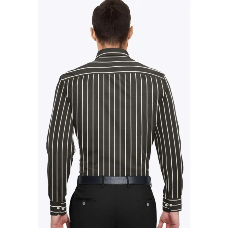 Generic Men's Cotton Blended Striped Full Sleeve Shirt (Black-White) - Image 6