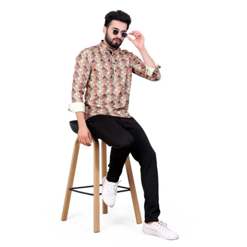 Generic Men's Cotton Blended Printed Full Sleeve Shortkurta (Multicolor) - Image 3