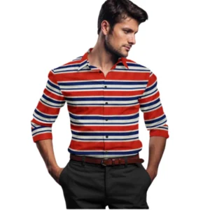 Generic Men's Cotton Blended Striped Full Sleeve Shirt (Red-Blue)