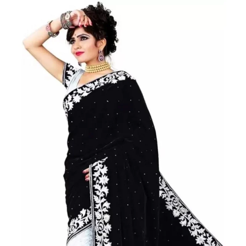 Generic Women's Velvet Embroidered Saree With Unstitched Blouse (Black, 5.5 Mtr) - Image 3
