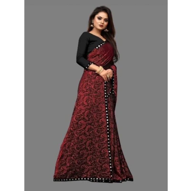 Generic Women's Lycra Solid Saree With Unstitched Blouse (Maroon, 5.5 Mtr) - Image 3
