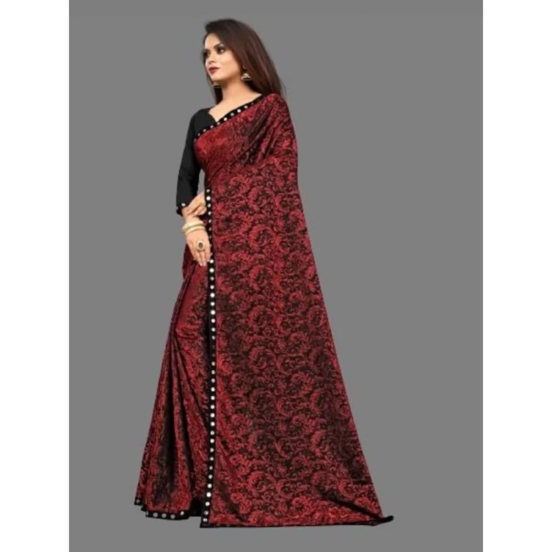 Generic Women's Lycra Solid Saree With Unstitched Blouse (Maroon, 5.5 Mtr) - Image 4