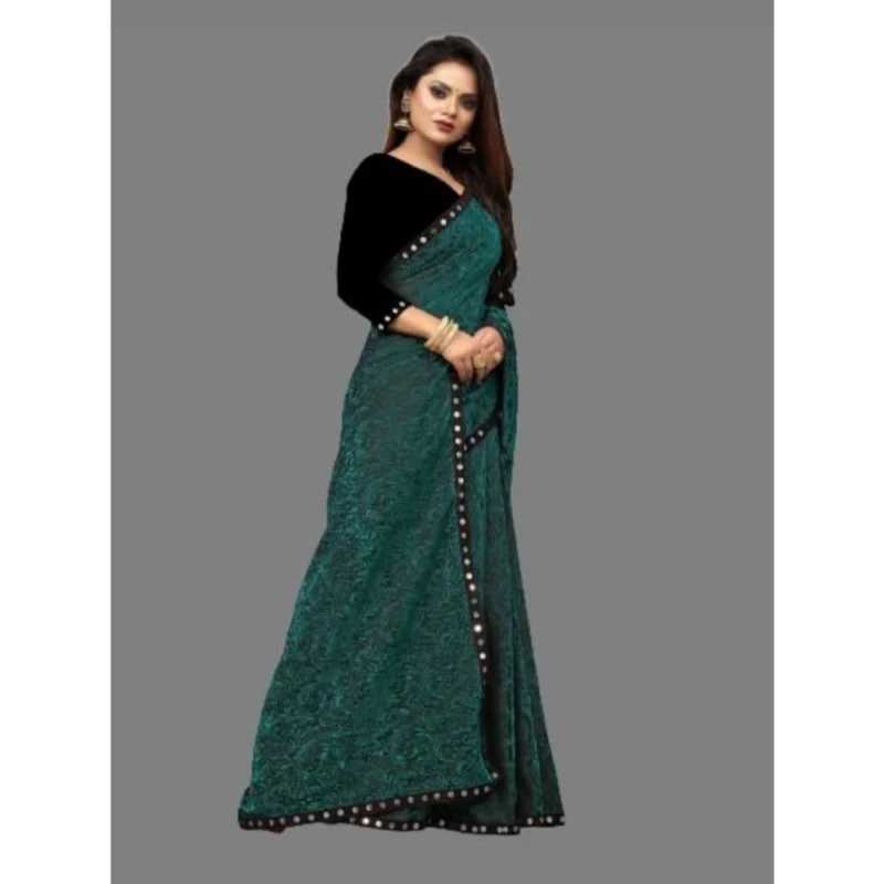 Generic Women's Lycra Solid Saree With Unstitched Blouse (Green, 5.5 Mtr) - Image 3