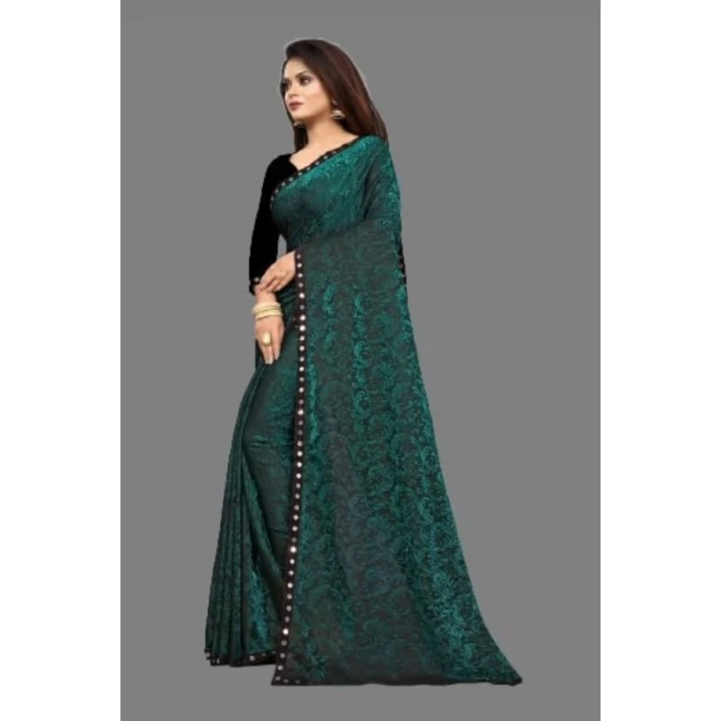 Generic Women's Lycra Solid Saree With Unstitched Blouse (Green, 5.5 Mtr) - Image 4