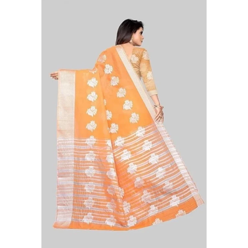 Generic Women's Cotton Silk Floral Saree With Unstitched Blouse (Orange, 5.5 Mtr) - Image 3