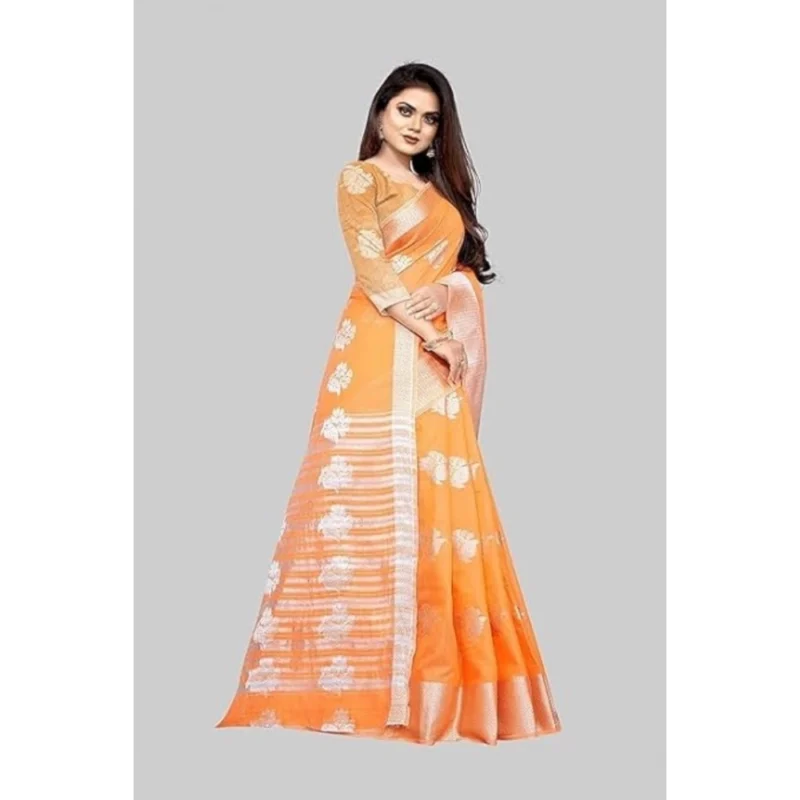 Generic Women's Cotton Silk Floral Saree With Unstitched Blouse (Orange, 5.5 Mtr) - Image 4