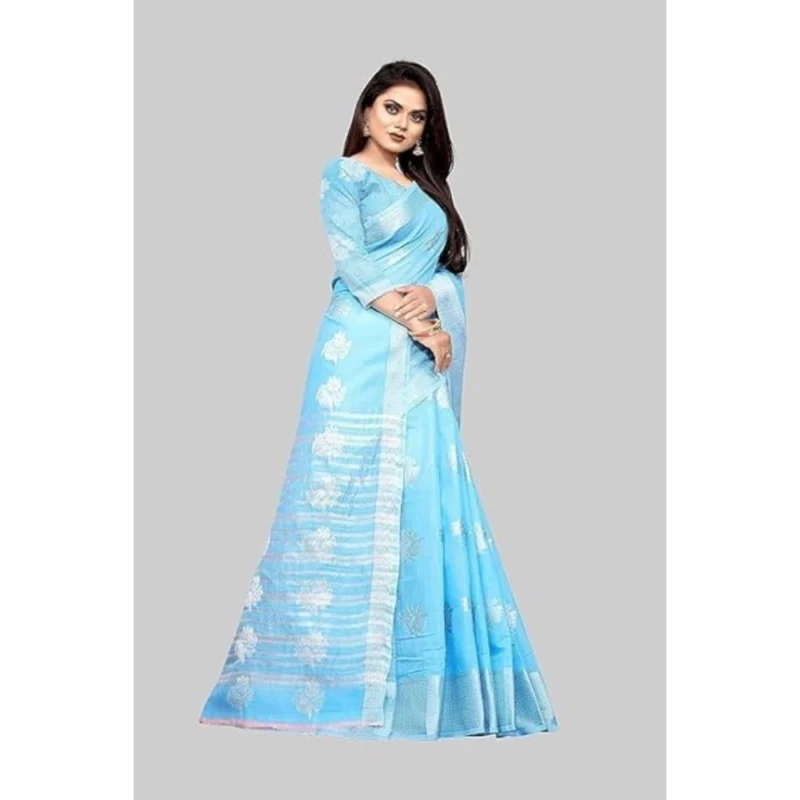 Generic Women's Cotton Silk Floral Saree With Unstitched Blouse (Rama, 5.5 Mtr) - Image 4