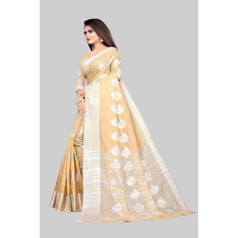 Generic Women's Cotton Silk Floral Saree With Unstitched Blouse (Beige, 5.5 Mtr) - Image 5