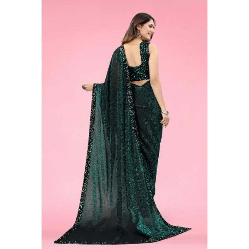 Generic Women's Lycra Floral Saree With Unstitched Blouse (Green, 5.5 Mtr) - Image 3
