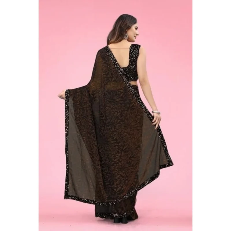 Generic Women's Lycra Floral Saree With Unstitched Blouse (Brown, 5.5 Mtr) - Image 3