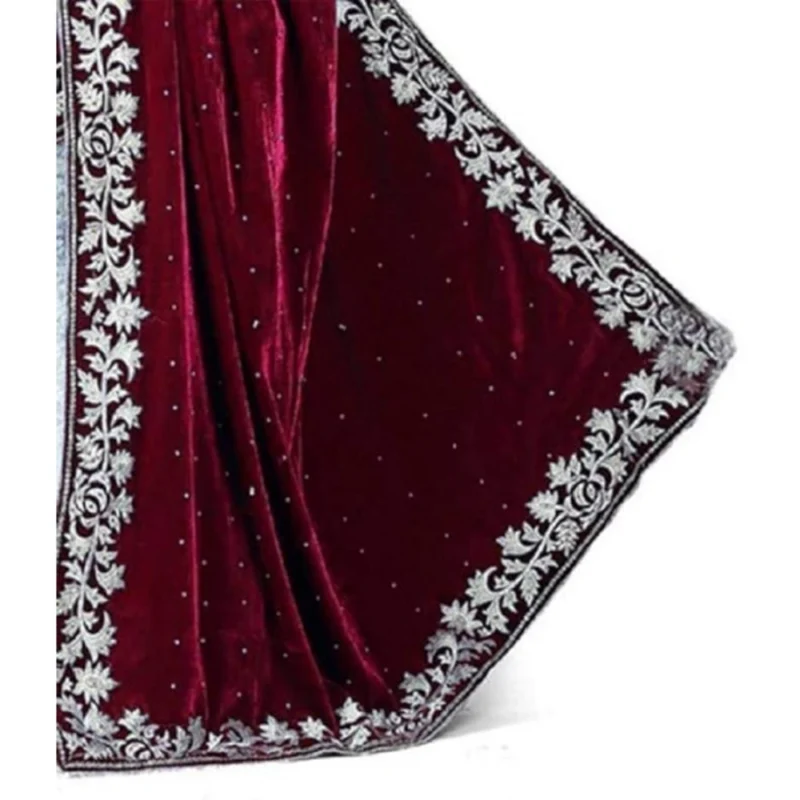 Generic Women's Velvet Embroidered Saree With Unstitched Blouse (Maroon, 5.5 Mtr) - Image 2
