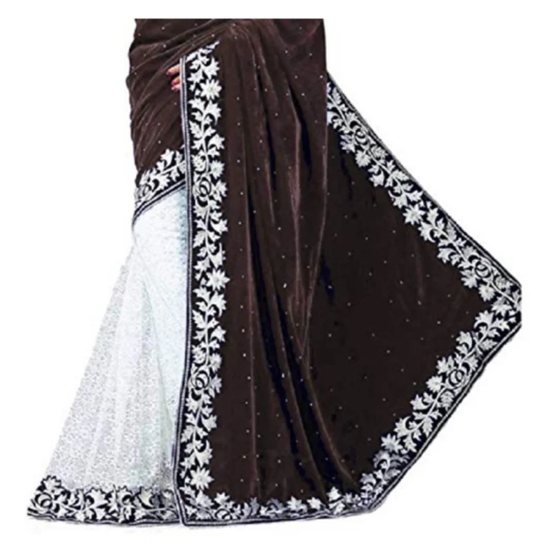 Generic Women's Velvet Embroidered Saree With Unstitched Blouse (Brown, 5.5 Mtr) - Image 3