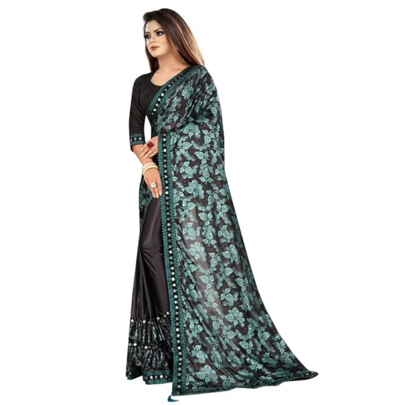 Generic Women's Lycra Solid Saree With Unstitched Blouse (Green, 5.5 Mtr) - Image 4