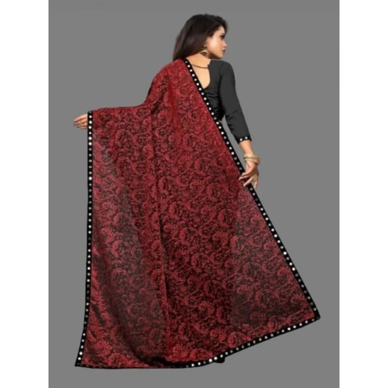 Generic Women's Lycra Solid Saree With Unstitched Blouse (Maroon, 5.5 Mtr) - Image 2