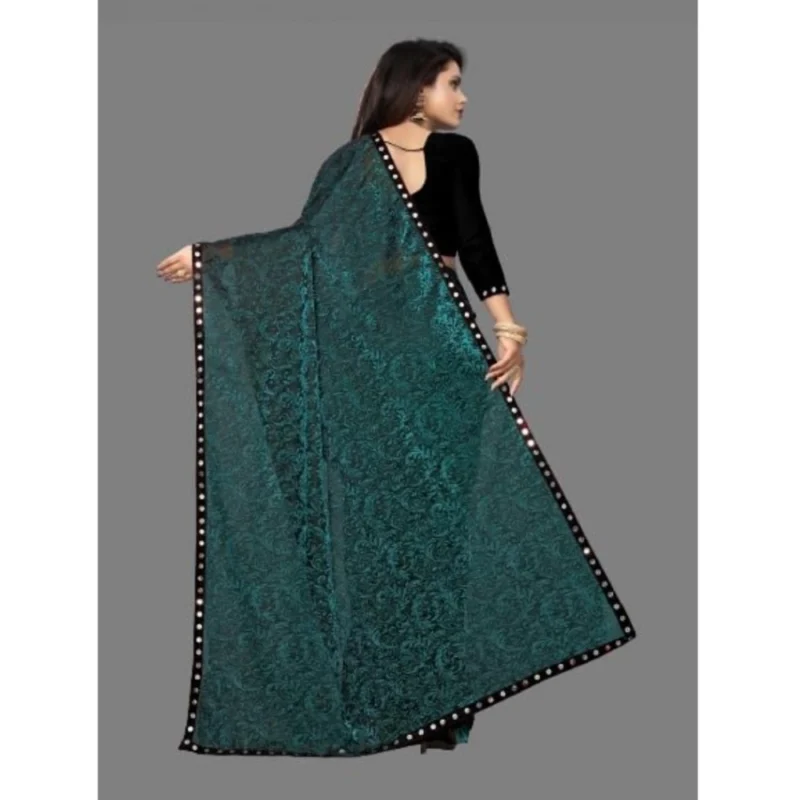 Generic Women's Lycra Solid Saree With Unstitched Blouse (Green, 5.5 Mtr) - Image 2