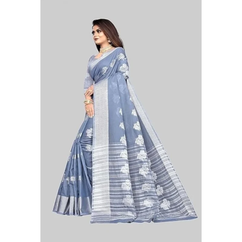 Generic Women's Cotton Silk Floral Saree With Unstitched Blouse (Grey, 5.5 Mtr) - Image 5