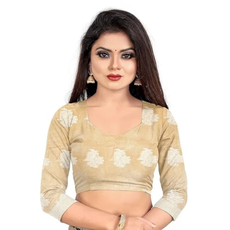 Generic Women's Cotton Silk Floral Saree With Unstitched Blouse (Beige, 5.5 Mtr) - Image 3
