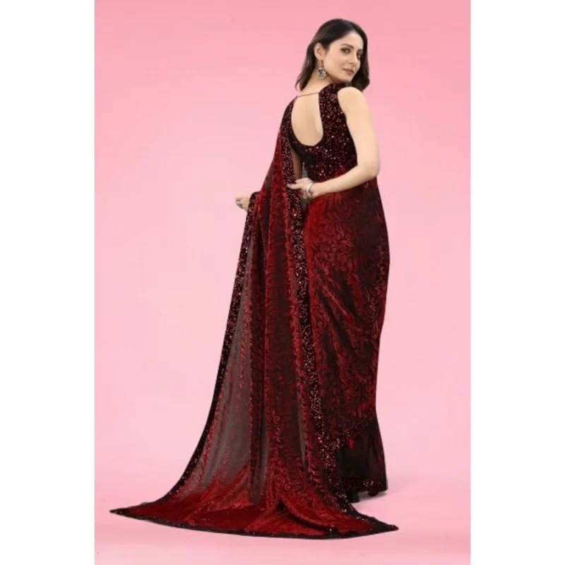 Generic Women's Lycra Floral Saree With Unstitched Blouse (Maroon, 5.5 Mtr) - Image 3
