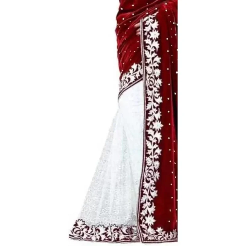 Generic Women's Velvet Embroidered Saree With Unstitched Blouse (Maroon, 5.5 Mtr) - Image 3