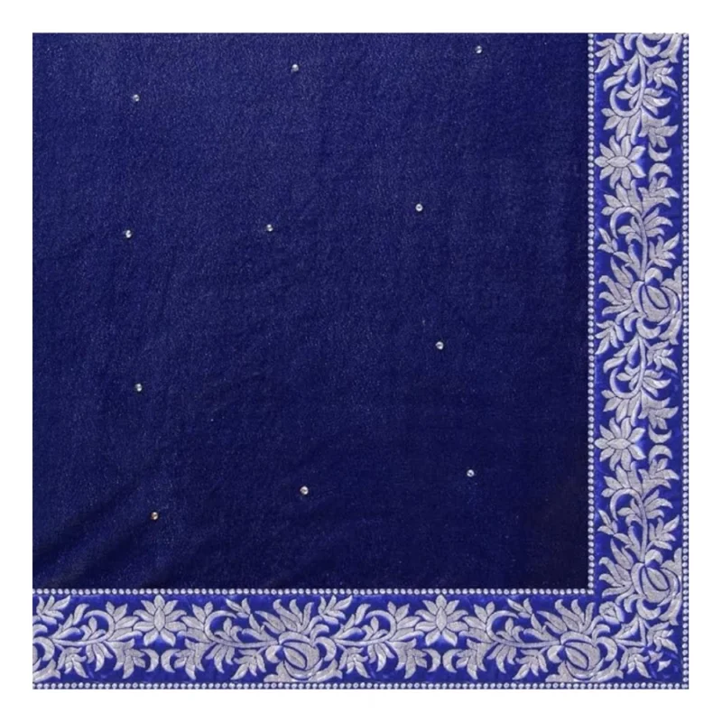 Generic Women's Velvet Embroidered Saree With Unstitched Blouse (Blue, 5.5 Mtr) - Image 2