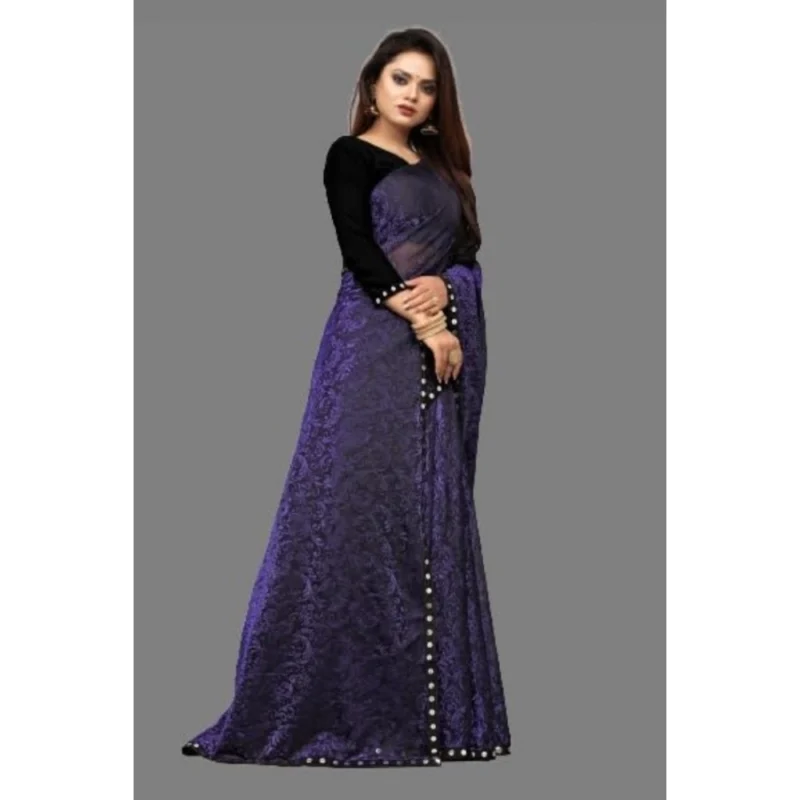 Generic Women's Lycra Solid Saree With Unstitched Blouse (Purple, 5.5 Mtr) - Image 3