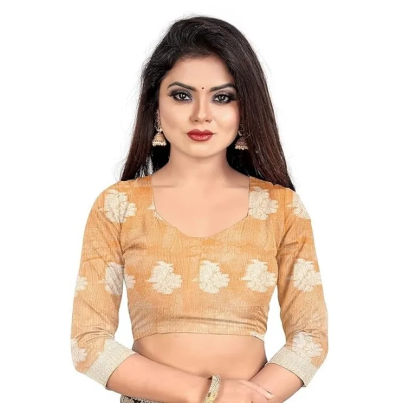 Generic Women's Cotton Silk Floral Saree With Unstitched Blouse (Orange, 5.5 Mtr) - Image 2