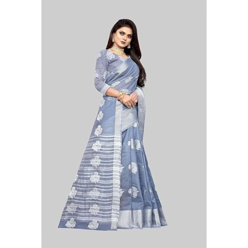 Generic Women's Cotton Silk Floral Saree With Unstitched Blouse (Grey, 5.5 Mtr) - Image 4