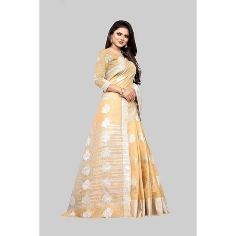 Generic Women's Cotton Silk Floral Saree With Unstitched Blouse (Beige, 5.5 Mtr) - Image 4