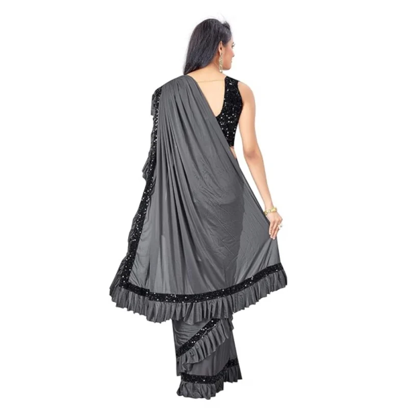 Generic Women's Lycra Solid Saree With Unstitched Blouse (Grey, 5.5 Mtr) - Image 3