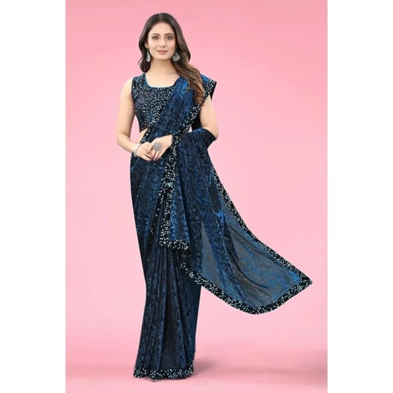 Generic Women's Lycra Floral Saree With Unstitched Blouse (Blue, 5.5 Mtr) - Image 4