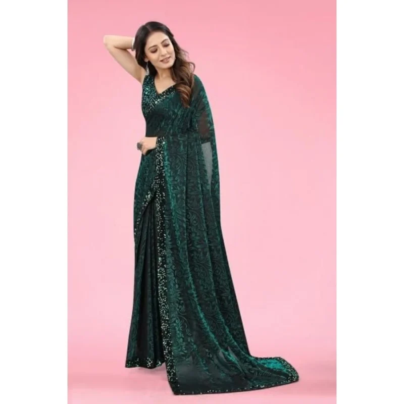 Generic Women's Lycra Floral Saree With Unstitched Blouse (Green, 5.5 Mtr) - Image 5