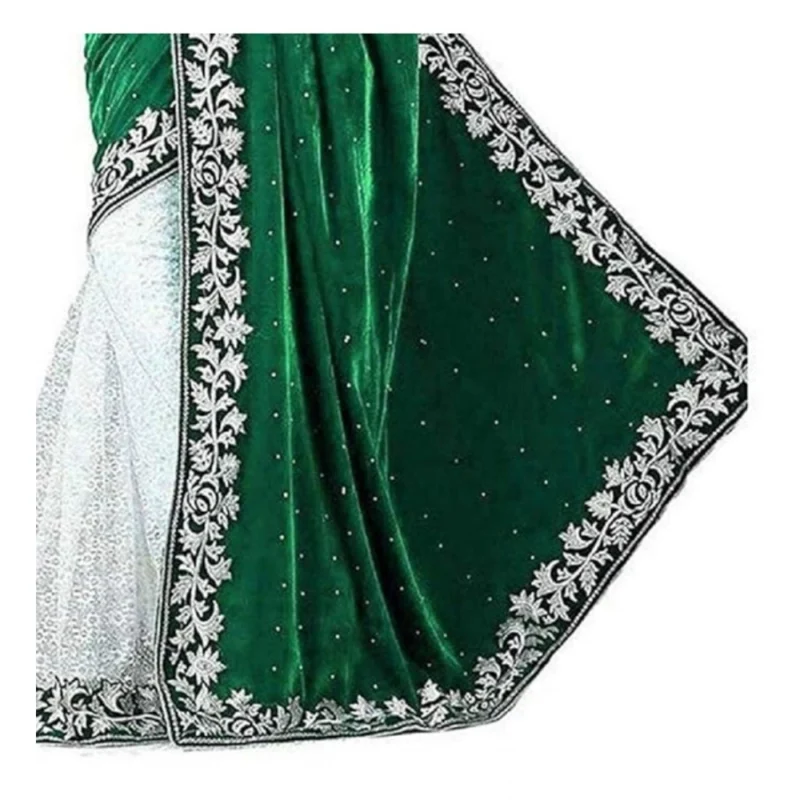 Generic Women's Velvet Embroidered Saree With Unstitched Blouse (Green, 5.5 Mtr) - Image 2