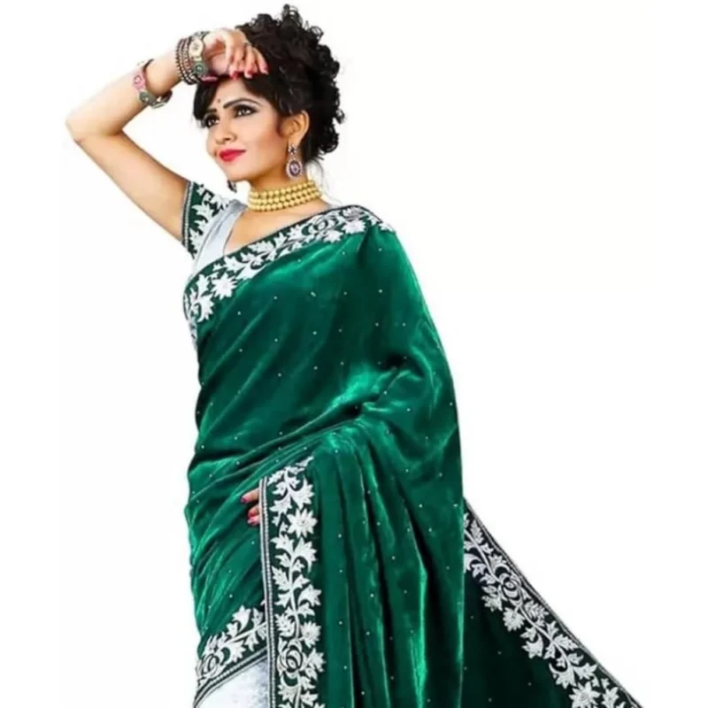 Generic Women's Velvet Embroidered Saree With Unstitched Blouse (Green, 5.5 Mtr) - Image 3