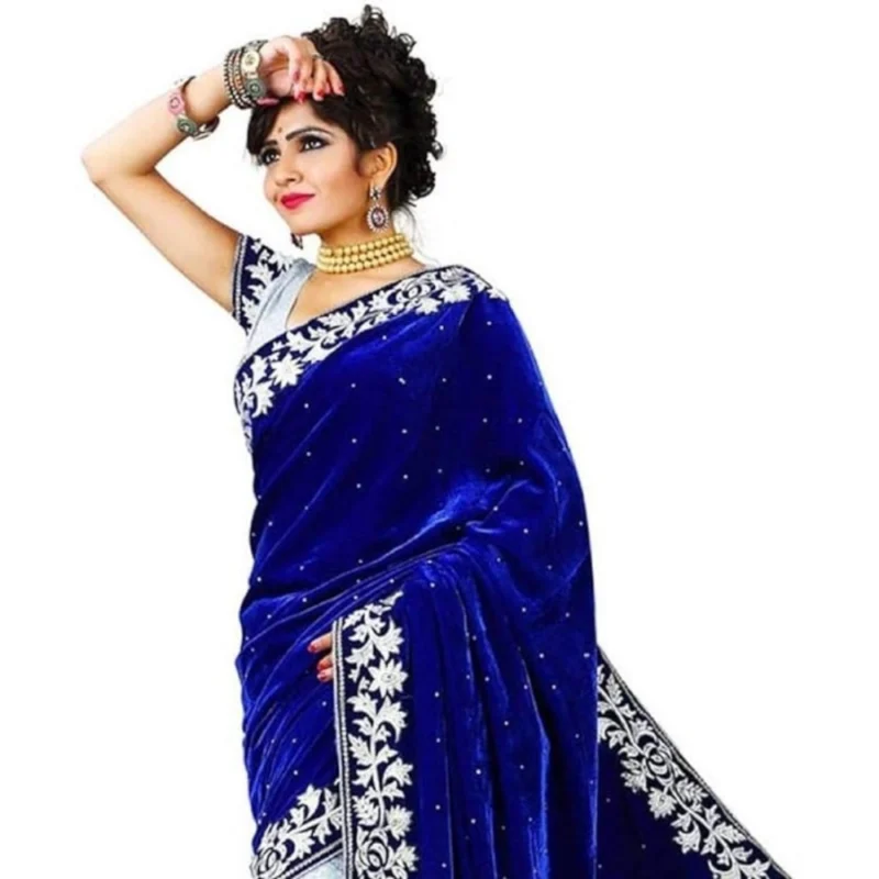 Generic Women's Velvet Embroidered Saree With Unstitched Blouse (Blue, 5.5 Mtr) - Image 3