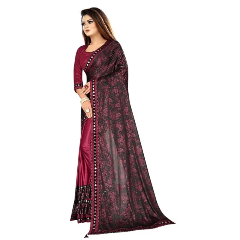Generic Women's Lycra Solid Saree With Unstitched Blouse (Maroon, 5.5 Mtr) - Image 3