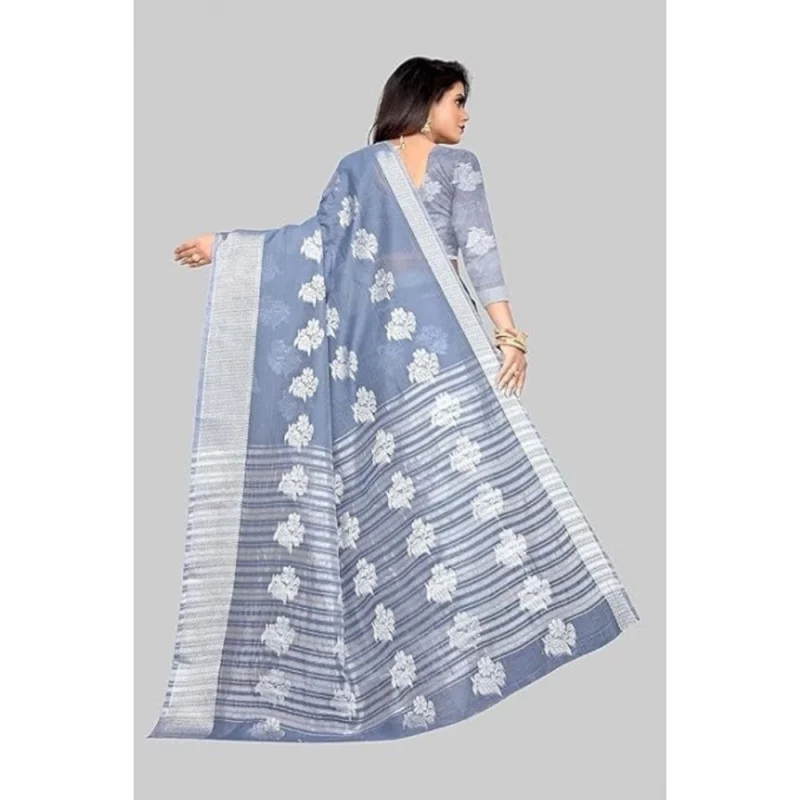 Generic Women's Cotton Silk Floral Saree With Unstitched Blouse (Grey, 5.5 Mtr) - Image 3