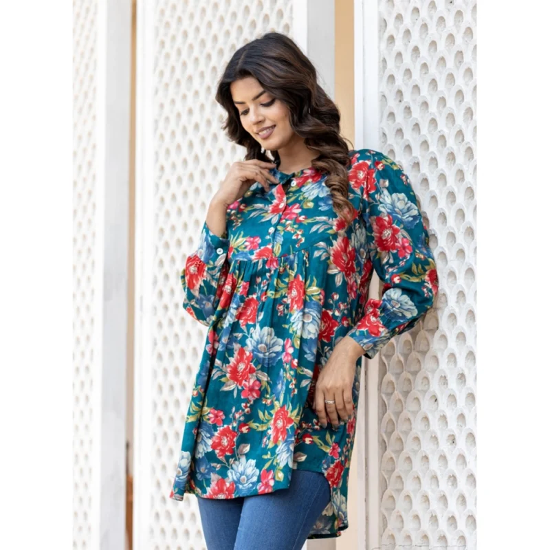 Generic Women's Cotton Printed Full Sleeve Mandarin collar Top (Sea Green) - Image 4